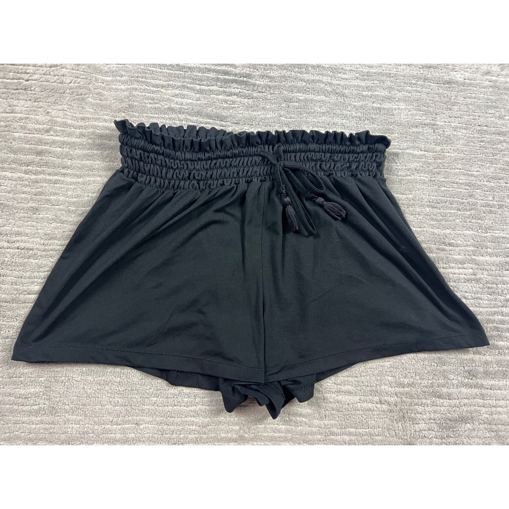 Hot Kiss Shorts Womens Medium Black Paperbag Smocked Waist Tassel Lounge Casual